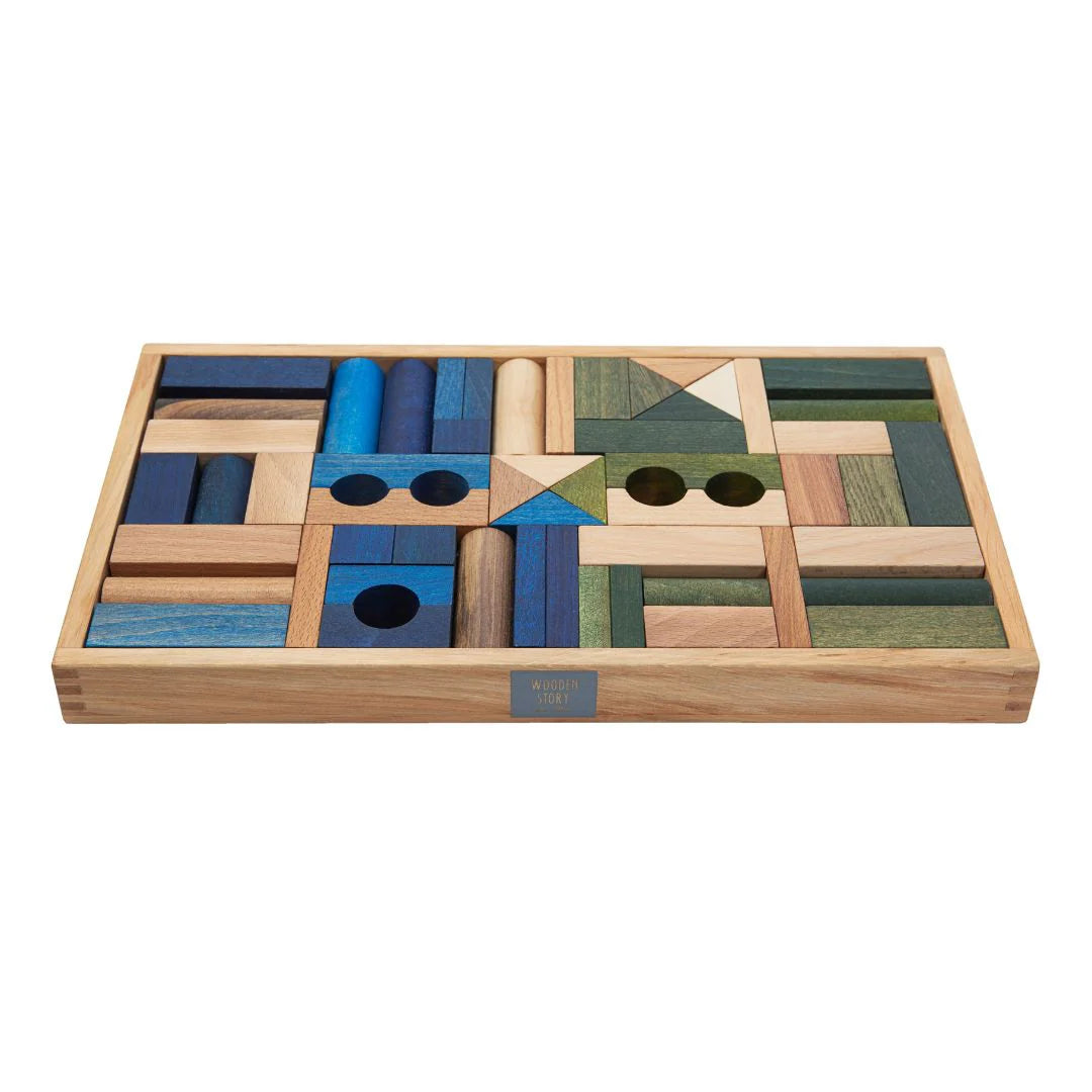 Cool Colored Wooden Block Set with Storage Tray - 54 Pieces