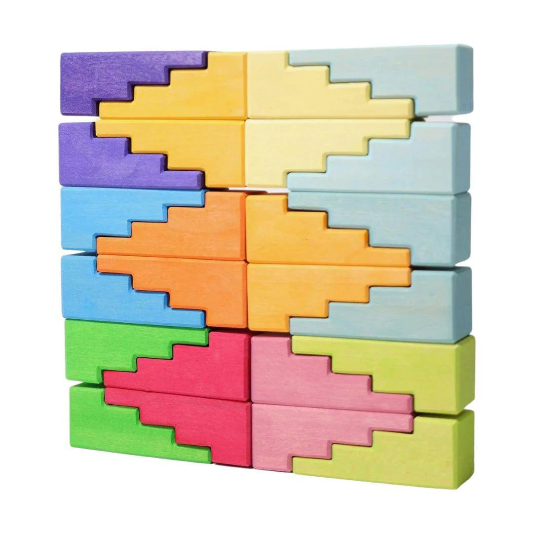 Wooden Stepped Roofs Building Blocks Set - Pastel