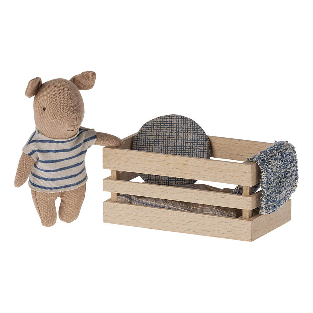 Baby Pig in Wooden Box - Blue Stripes