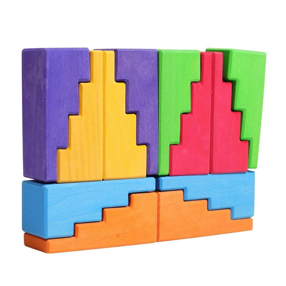 Grimm's Wooden Stepped Roofs Building Blocks Set - Rainbow