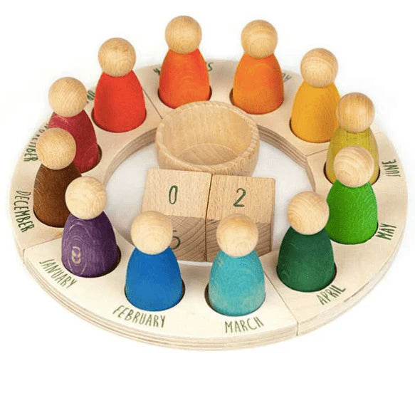 Wooden Rainbow Perpetual Calendar with Peg Figures