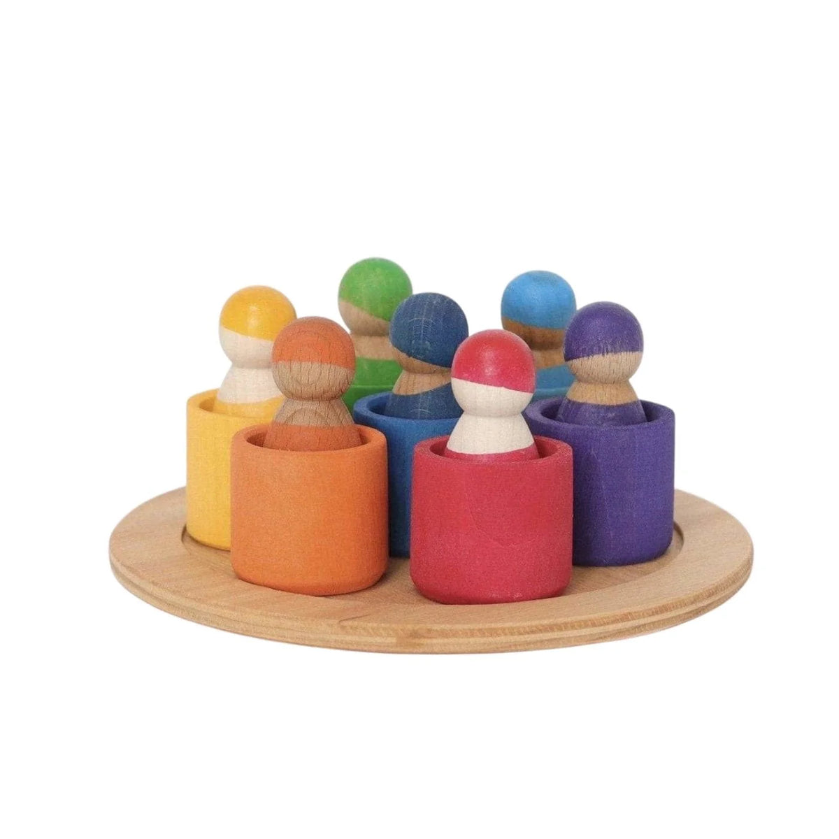 7 Rainbow Wooden Peg Dolls in Bowls