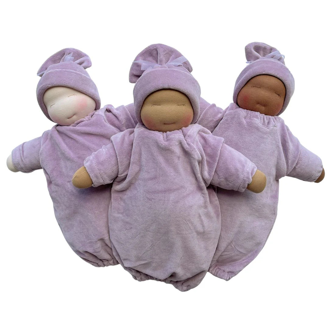 Little Heavy Baby Waldorf Doll - Lilac Bunting with Dark Skin Tone