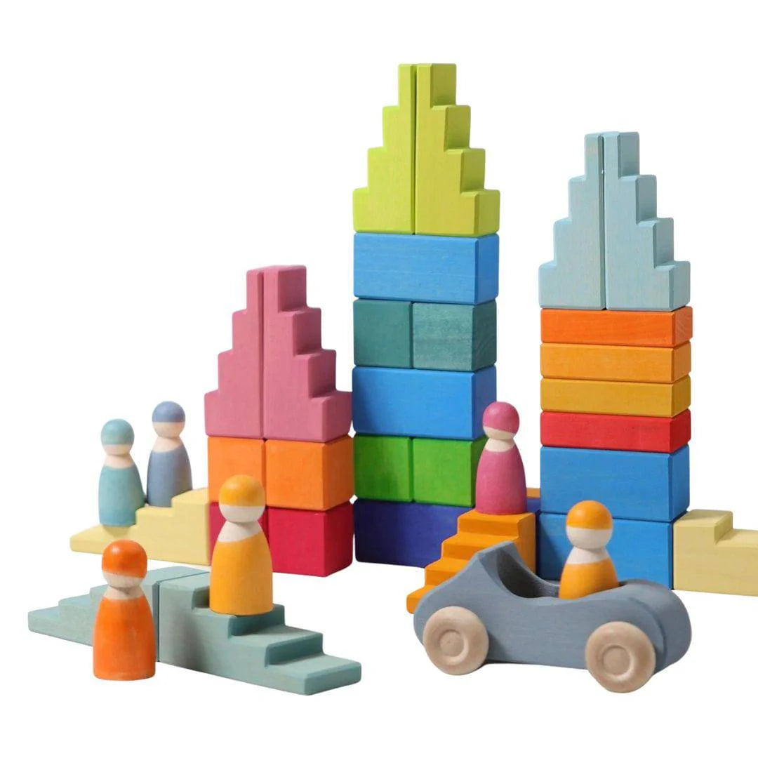 Wooden Stepped Roofs Building Blocks Set - Pastel