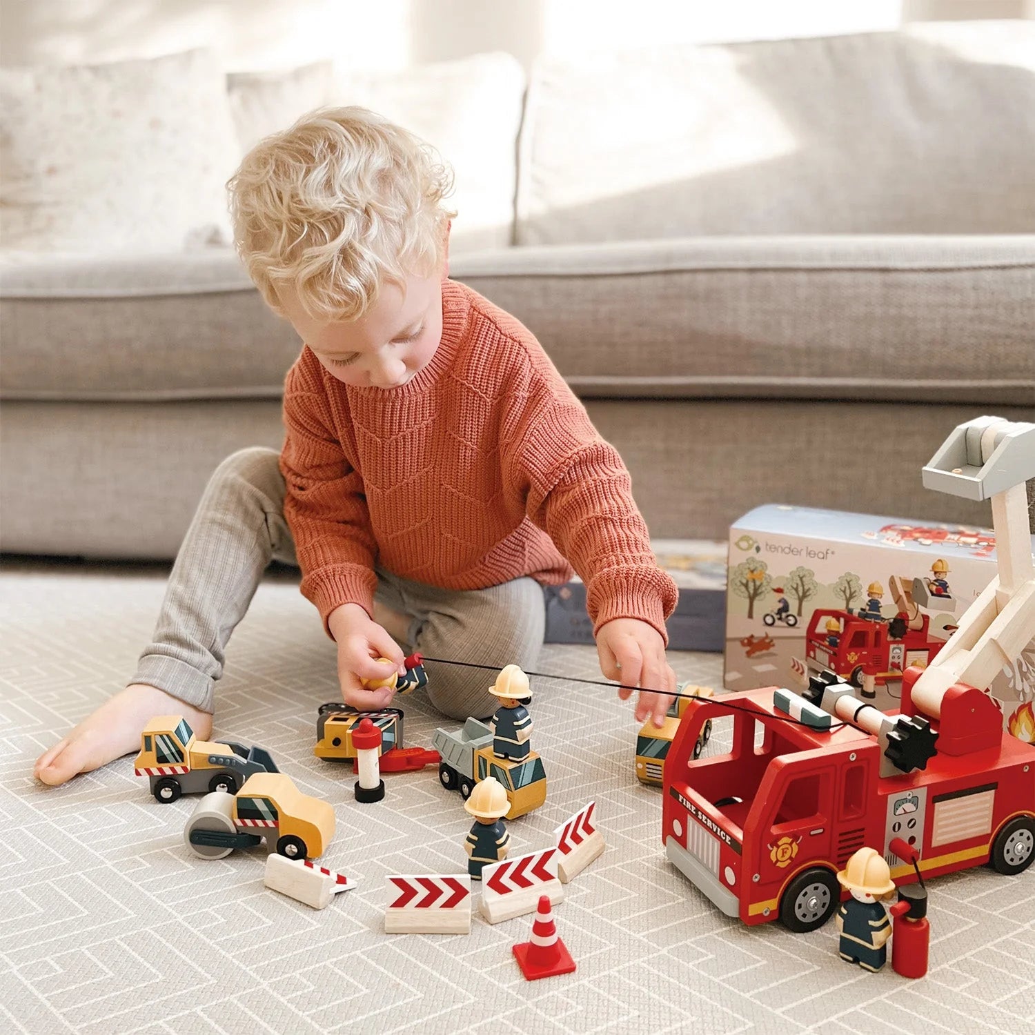 Wooden Fire Engine and Firefighter Play Set