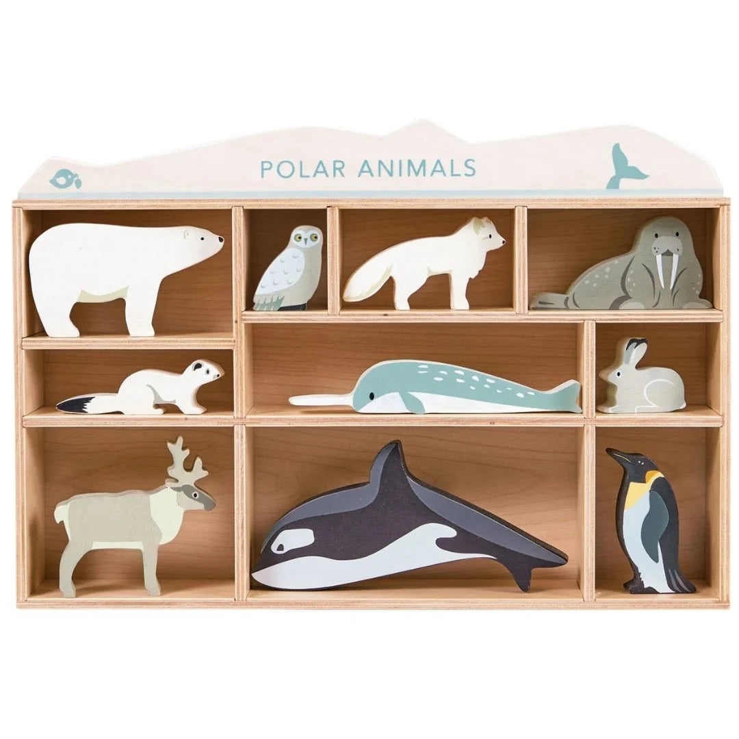 Wooden Polar Animal Figures and Display Case